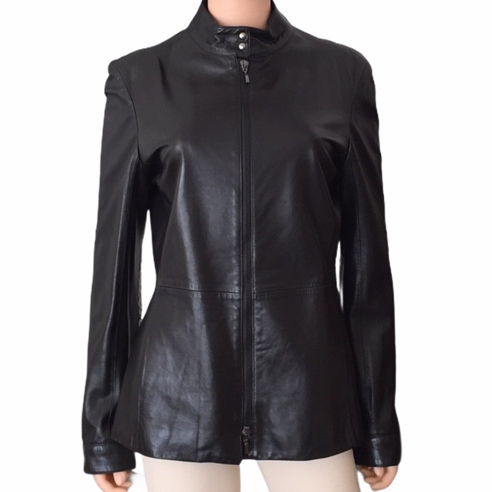 NWT Giorgio Armani Lambskin Leather Zip Jacket | Silk Lined Tailored Black